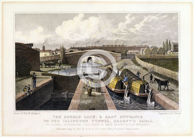 'The Double Lock and East Entrance to the Islington Tunnel, Regent's Canal', 1827. Creator: Frederick James Havell.
