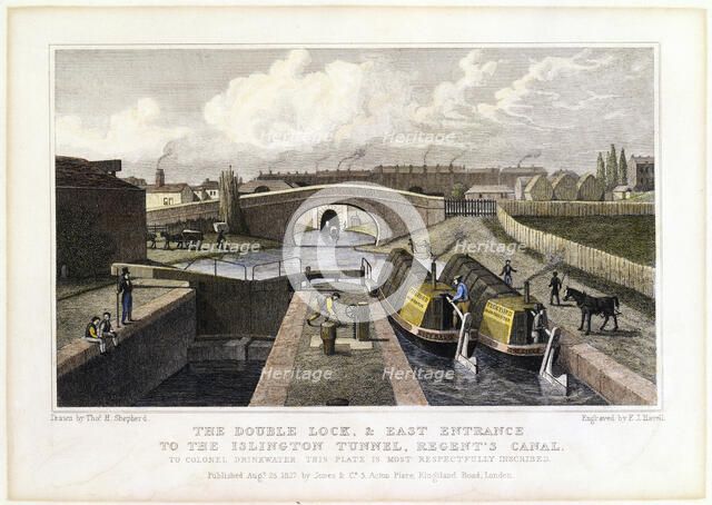 'The Double Lock and East Entrance to the Islington Tunnel, Regent's Canal', 1827. Artist: Frederick James Havell