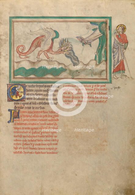 The Dragon Hurls Water after the Woman Clothed in the Sun; Dyson Perrins Apocalypse, about 1255-1260 Creator: Unknown.