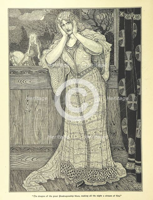 "The dragon of the great Pendragonship blaze, making all the night a stream of fire", 1898.  Creator: Louis John Rhead.