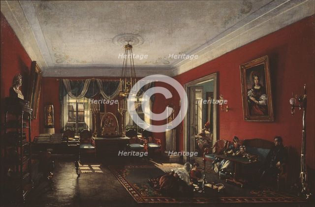 The drawing room in the Nashchokin House in Moscow, Early 1840s. Artist: Podklyuchnikov, Nikolai Ivanovich (1813-1877)
