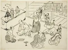 The Dressing Room of a Puppet Theater, the table of contents from the series "Famous..., c. 1705/06. Creator: Okumura Masanobu