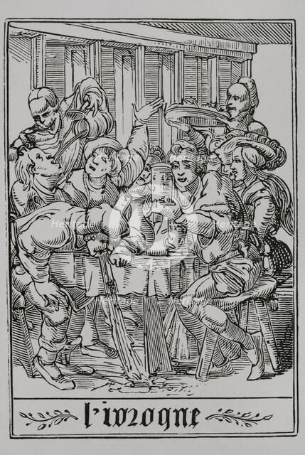 The Drunkard from "The Dance of Death", 1547, (1877).  Creator: Unknown.