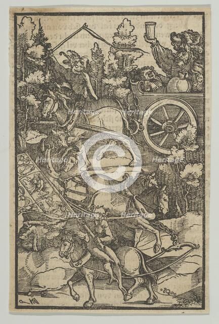 The Drunken Man on a Chariot on his Way to Hell, from Hymmelwagen auff dem, wer wol lebt....., 1517. Creator: Hans Schäufelein the Elder.