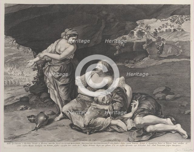 The drunkenness of Lot, who is asleep on his daughter's lap at center, while his other..., ca. 1628. Creator: Lucas Vorsterman.