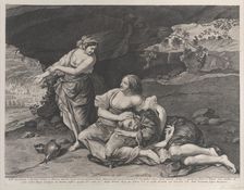 The drunkenness of Lot, who is asleep on his daughter's lap at center, while his other..., ca. 1628. Creator: Lucas Vorsterman