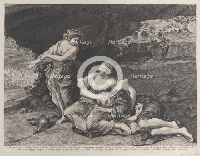 The drunkenness of Lot, who is asleep on his daughter's lap at center, while his other..., ca. 1628. Creator: Lucas Vorsterman.