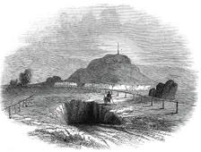 The excavation in which the cists were found - the Mount and Priory ruins, 1845. Creator: Unknown