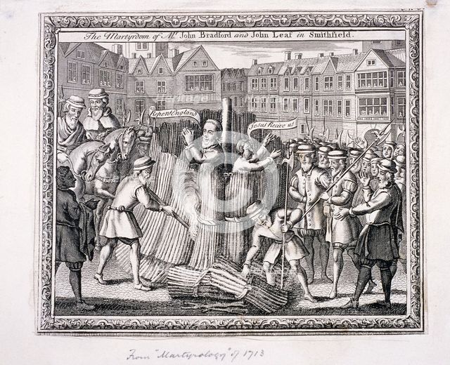 The execution of John Bradford and John Leaf at Smithfield, 1555, (c1713).  Artist: Anon