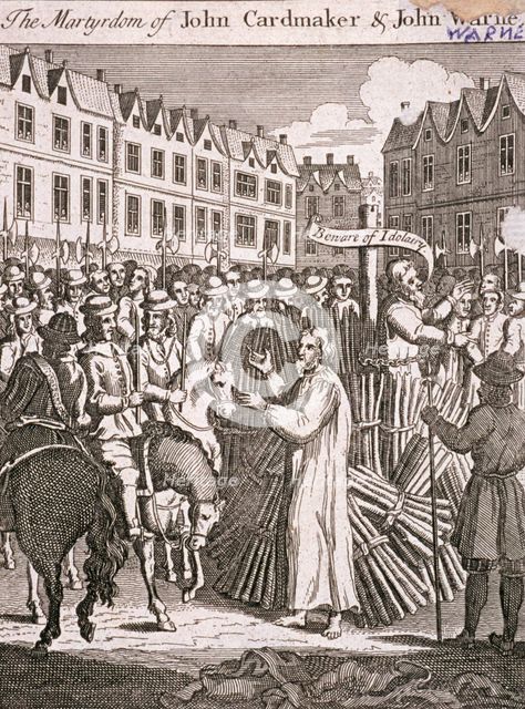 The execution of John Cardmaker and John Warne at Smithfield, 1555, (c1725).  Artist: Anon
