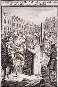 The execution of John Cardmaker and John Warne at Smithfield, 1555, (c1720). Artist: Anon