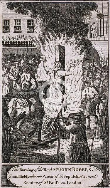 The execution of Reverend John Rogers at Smithfield, 1555, (c1720). Artist: Anon
