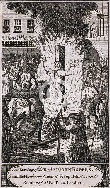 The execution of Reverend John Rogers at Smithfield, 1555, (c1720). Artist: Anon