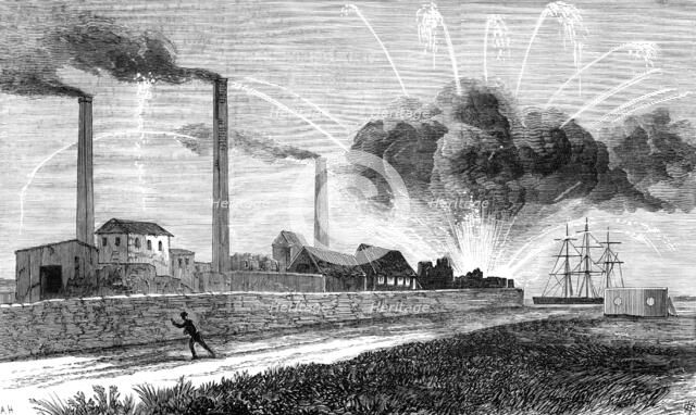 The Explosion of the Rocket Factory at Woolwich Arsenal, as seen from Plumstead Marshes, 1883. Creator: Unknown.
