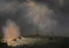 The Explosion of Gunboat nr 2, under Command of Jan van Speijk, off Antwerp, 5 February 1831, 1832. Creator: Martinus Schouman