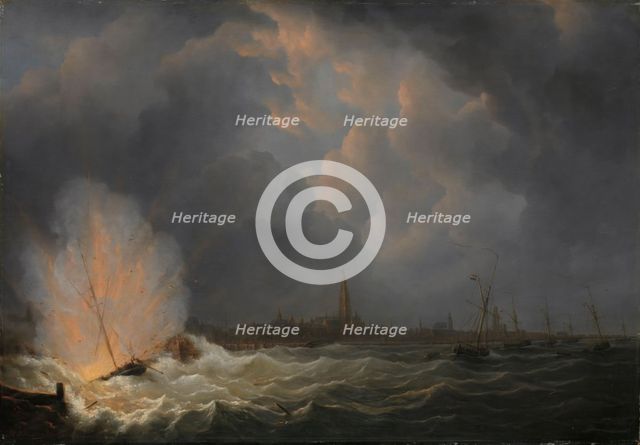 The Explosion of Gunboat nr 2, under Command of Jan van Speijk, off Antwerp, 5 February 1831, 1832. Creator: Martinus Schouman.