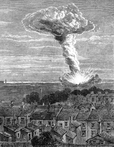 The explosion of gunpowder magazines at Erith: view…from Burrage-road, Plumstead…, 1864. Creator: Unknown