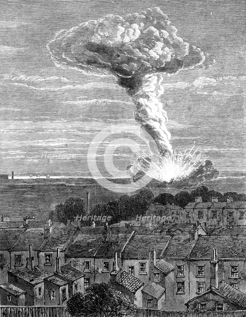 The explosion of gunpowder magazines at Erith: view…from Burrage-road, Plumstead…, 1864. Creator: Unknown.