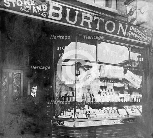 The exterior of Burton's chemist shop. Creator: Unknown.