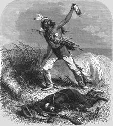 The exultant Indians mutilate the dead body; Passage of the Great Canon of the Colorado 1875. Creator: A. R Calhoun