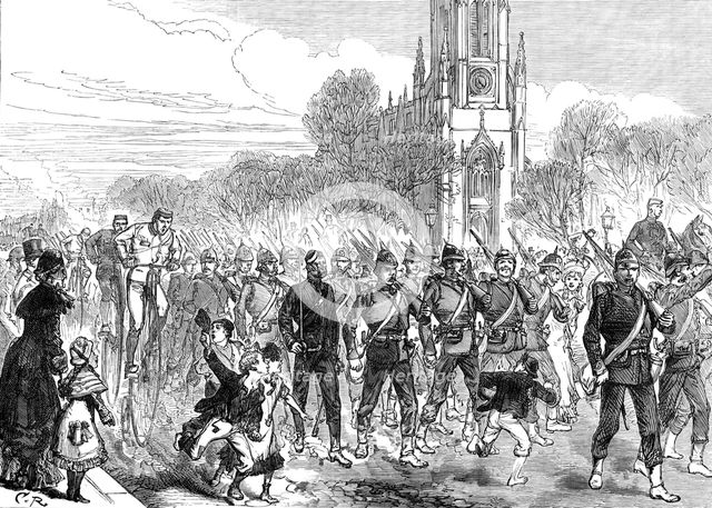 The Easter Volunteer Review: arrival of volunteers at Brighton by road, 1880. Creator: Unknown.