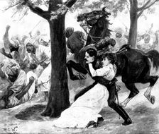 The Eastern Echo: ...bruised, and shaken, she lay in his arms...behind a ...tamarind-tree, 1898. Creator: Unknown