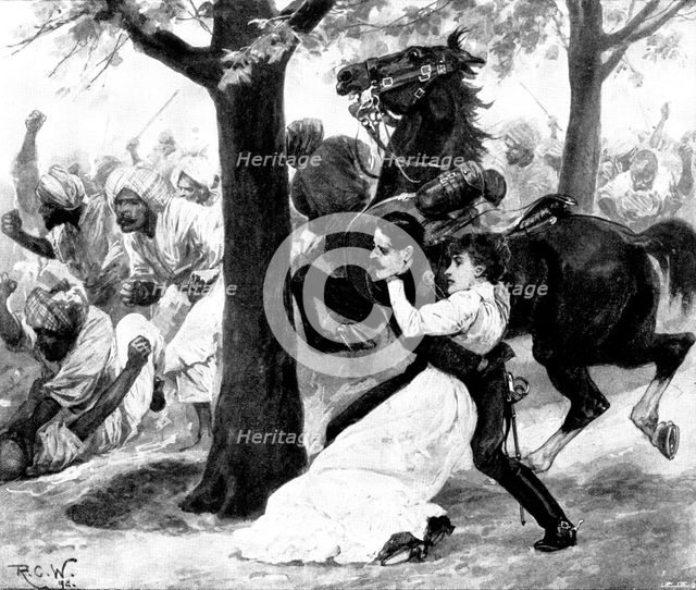 The Eastern Echo: ...bruised, and shaken, she lay in his arms...behind a ...tamarind-tree, 1898. Creator: Unknown.