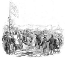 The Earl of Bandon cutting the first turf for the Cork and Bandon Railway, 1845. Creator: Unknown