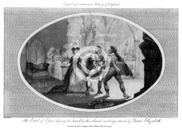 The Earl of Essex laying his hand on his sword on being struck by Queen Elizabeth, (1792).Artist: Wooding
