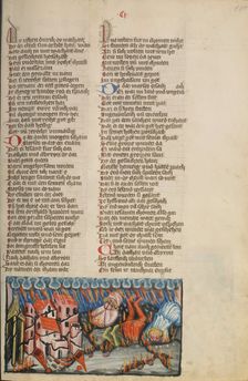 The Earth Devouring Datan's and Abiram's Clans; Weltchronik, about 1400-1410. Creator: Unknown