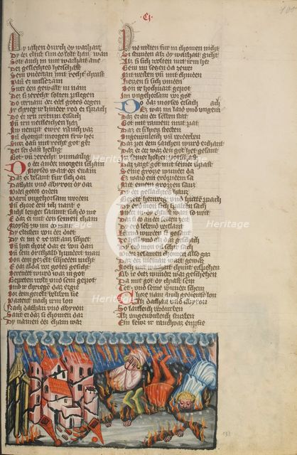 The Earth Devouring Datan's and Abiram's Clans; Weltchronik, about 1400-1410. Creator: Unknown.