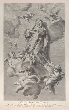The Ecstasy of Saint Catherine of Siena, kneeling on a cloud carried by angels, one of ..., 1729-40. Creator: Simon François Ravenet
