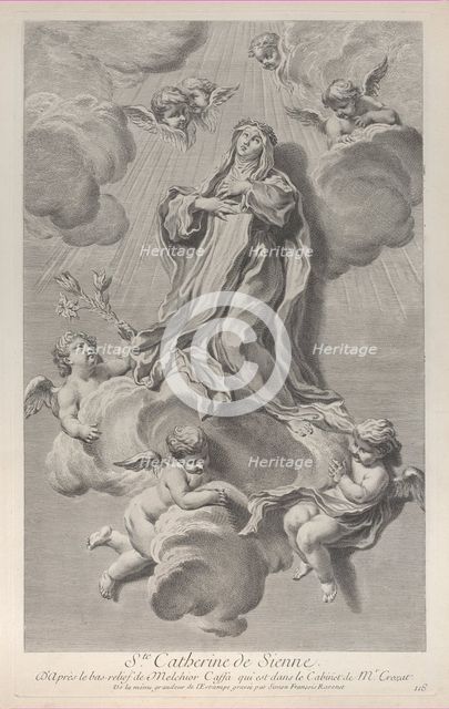The Ecstasy of Saint Catherine of Siena, kneeling on a cloud carried by angels, one of ..., 1729-40. Creator: Simon François Ravenet.
