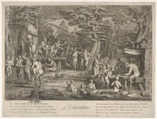 The Education (L'Education): in a forest, to right an old satyr instructor holdin..., ca. 1700-1720. Creator: Claude Gillot