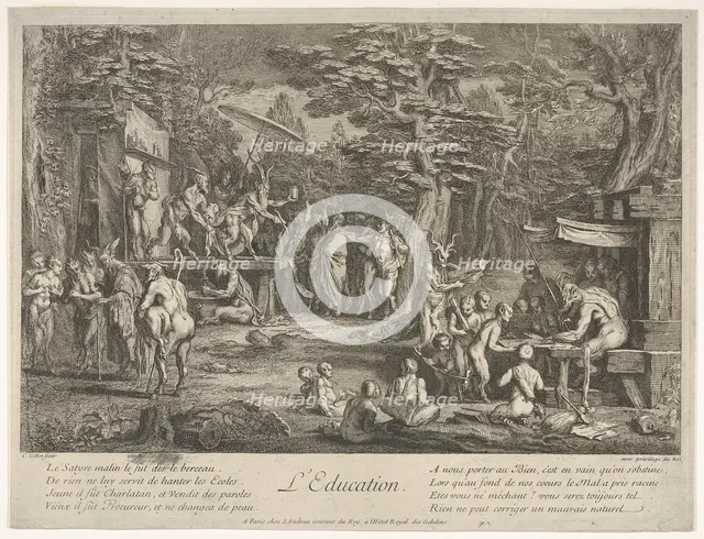 The Education (L'Education): in a forest, to right an old satyr instructor holdin..., ca. 1700-1720. Creator: Claude Gillot.