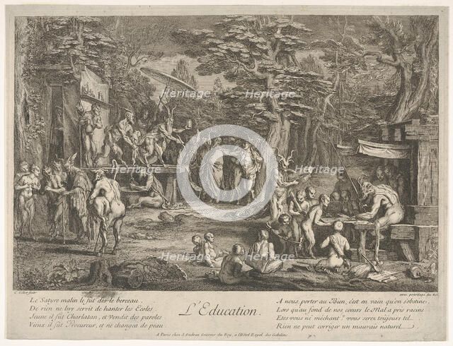 The Education (L'Education): in a forest, to right an old satyr instructor holdin..., ca. 1700-1720. Creator: Claude Gillot.