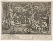 The Education (L'Education): in a forest, to right an old satyr instructor holdin..., ca. 1700-1720. Creator: Claude Gillot