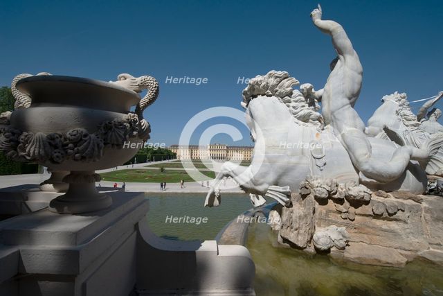 The elaborate fountain in the gardens of Schonbrunn, Vienna, Austria, 2022. Creator: Ethel Davies.