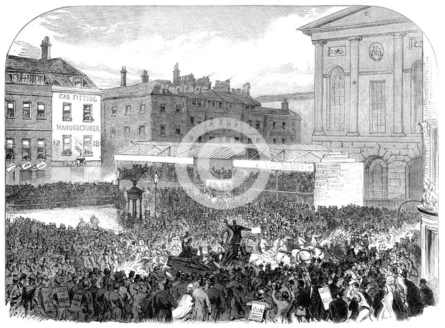 The Elections in the Metropolitan Boroughs: Finsbury...the nomination on Clerkenwell Green, 1865. Creator: Unknown.