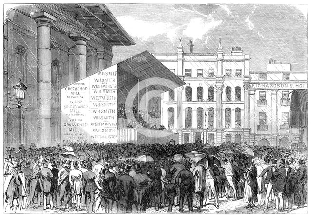 The Elections in the Metropolitan Boroughs: Westminster...the nomination in Covent-Garden, 1865. Creator: Unknown.