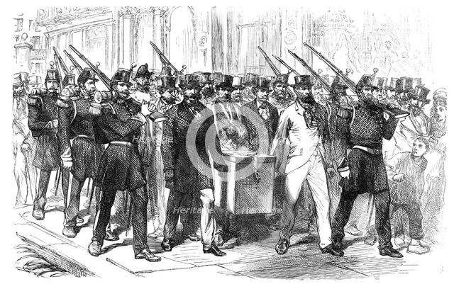 The Elections in France: removal of...voting-urn from a district polling-place to the Mairie, 1869. Creator: Unknown.