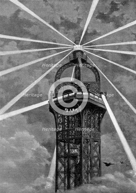 The electric light on top of the Eiffel Tower, Paris, 1889. Artist: Unknown