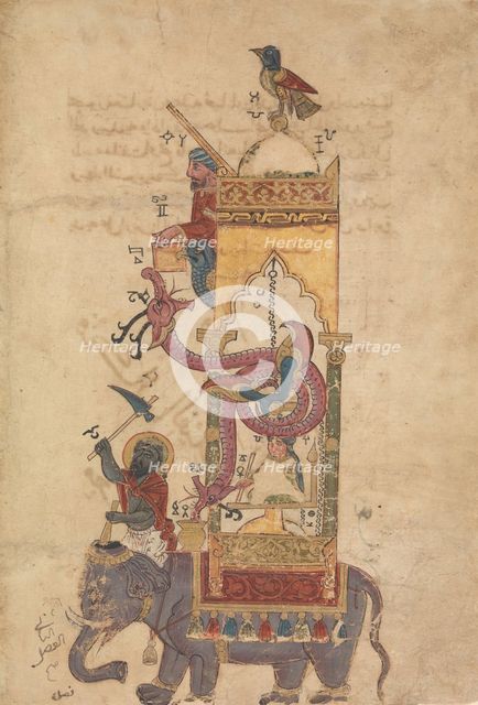 The Elephant Clock, Folio from a Book of the Knowledge of Ingenious Mechanical..., A.H. 715/A.D.1315 Creator: Farrukh ibn Abd al-Latif.