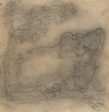 The Elephant King Wrestles a Crocodile: Illustration from a Gajendramoksha Series, late 19th cent. Creator: Unknown