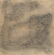 The Elephant King Wrestles a Crocodile: Illustration from a Gajendramoksha Series, late 19th cent. Creator: Unknown