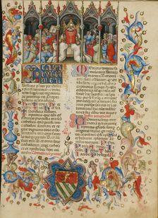 The Elevation of the Host: Initial T: A Putto Between the Sun and.., between about 1389 and 1400. Creator: Master of the Brussels Initials