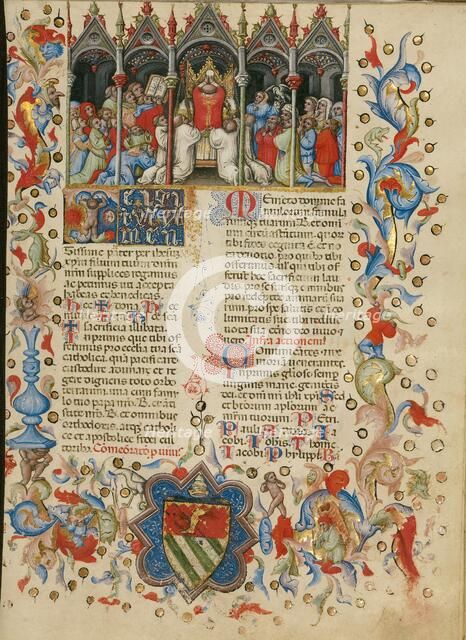 The Elevation of the Host: Initial T: A Putto Between the Sun and.., between about 1389 and 1400. Creator: Master of the Brussels Initials.
