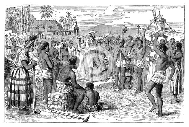 The emancipation of slaves on a West Indian plantation, early 19th century (c1895). Artist: Unknown