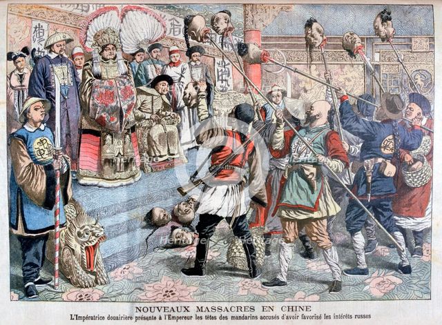 The Emperor being shown heads of Mandarins suspected of supporting the Russians, China, 1904. Artist: Unknown