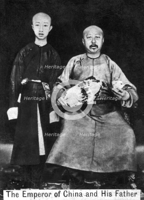 The Emperor of China and his father, 20th century.Artist: Ogden's Guinea Gold Cigarettes